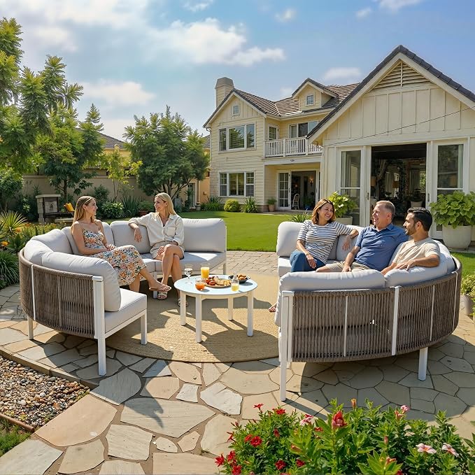 Crestlive Products Curved Patio Furniture Set, Modular Half Moon 8-Seater Sofa, Aluminum Outdoor Sectional with 5-Inch Water-Resistant Cushions, All Weather Couch for Backyard, Deck, Porch, Poolside