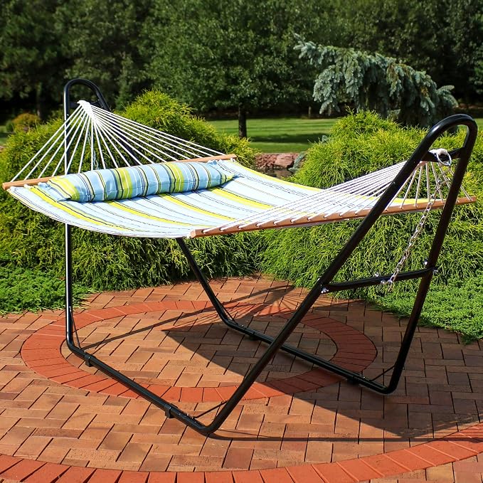 Sunnydaze Quilted Double Hammock with Stand for Outside - 440 lb Capacity Universal Black Steel Stand - UV Resistant, Quick Dry Fabric - Pillow, Chains, and Hardware Included - Blue and Green