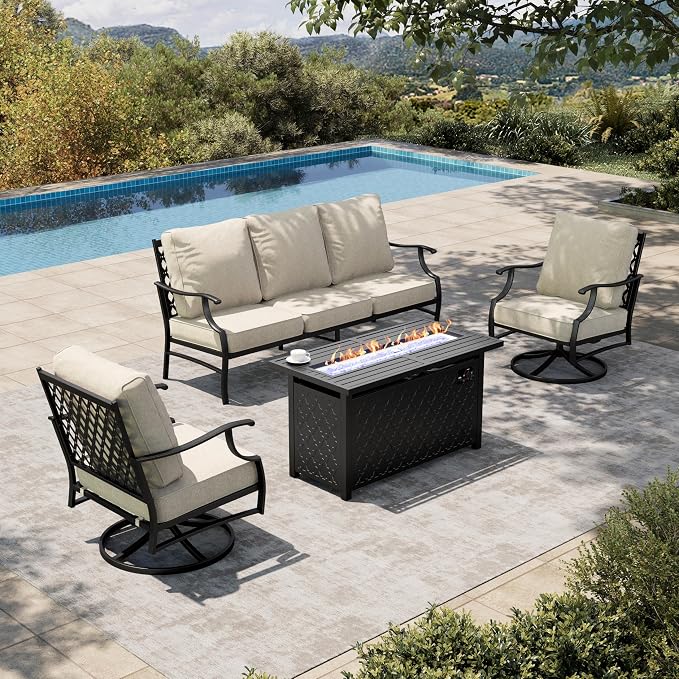 HERA'S HOUSE 4 Pieces Patio Furniture Set with Fire Pit Table, 2 x Swivel Cushioned Chair, 3-Seat Sofa with 45" Fire Pit Table, Outdoor Conversation Set for Garden, Poolside, Backyard