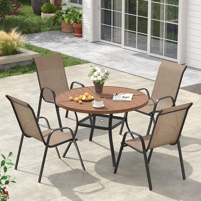VICLLAX Round Outdoor Patio Dining Set for 4, Metal Slatted Patio Table with Umbrella Hole and 4 Stackable Patio Chairs for Deck Lawn Garden, Brown Fabric and Walnut Tabletop