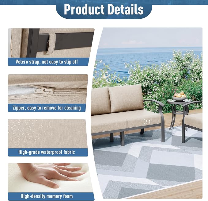 Kurapika Aluminum Patio Furniture Set 10-Seat Modern Metal Outdoor Conversation Sets w/5.1 Inch Cushion Patio Sectional Sofa with Rectangular Coffee Table, Sand