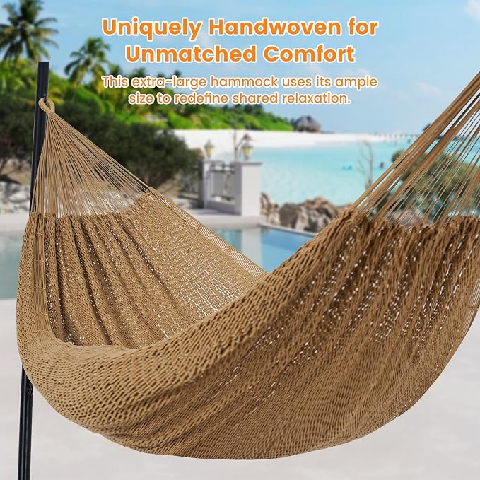 Lazy Daze Hammocks Handwoven XL Mayan Hammock, 10.5 FT Soft Rope Double Hammocks, Portable Outdoor Hammock with Carry Bag, 2 Straps & Carabiners for Patio Outside, 550 lbs Weight Capacity, Tan