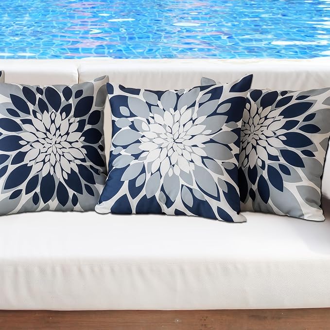 Pack of 4 Outdoor Waterproof Pillow Covers 16x16 Decorative Outdoor Throw Pillows Garden Square Cushion Cases for Patio Furniture, Couch, Tent Sunbrella, Bench, Navy Blue Grey