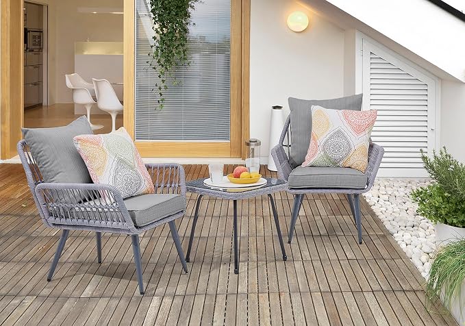 Manhattan Comfort Cannes 3-Piece Patio Conversation Set, Outdoor Furniture | Includes Modern Cushioned Rope Wicker Chairs & End Table, Removable & Washable Cushions, Tempered Glass Tabletop, Grey