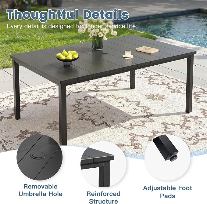 DIFY 7 Pieces Outdoor Dining Set for 6, 63" Black Rectangle Metal Table with 4 Stackable Wicker Patio Chairs & 2 Swivel Chairs, Patio Furniture Set with Cushions and Umbrella Hole, Wheat Rattan