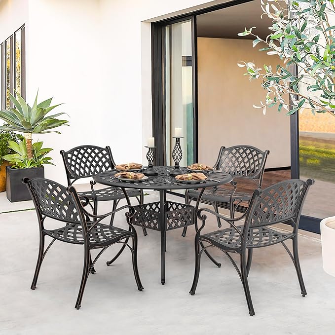 NUU GARDEN Outdoor 5-Piece Patio Dining Set, 4 Patio Chairs and 42'' Round Dining Table with 2.24" Umbrella Hole, Cast Aluminum Frame, for Patio, Deck, Garden, Backyard, Balcony, Antique Bronze