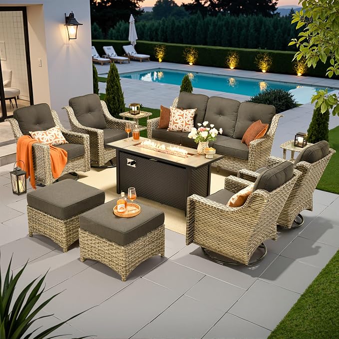 10 PCS Outdoor Patio Furniture Sets, Patio Conversation Sets Outside Rattan Soft Cushion Sofa with 4 Wicker Rocking Chairs & 54 in Fire Pit Table Fit Backyard Porch Garden Poolside Balcony,Black