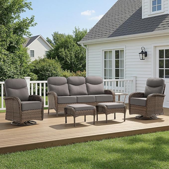 HUMMUH 5-Piece Patio Furniture Set with Upgraded 6" Thick Cushion - High Back Outdoor Swivel Rocker Chairs with 3-Seater Sofa,Ottomans,Wicker Outdoor Conversation Set for Deck,Porch,Yard,Poolside