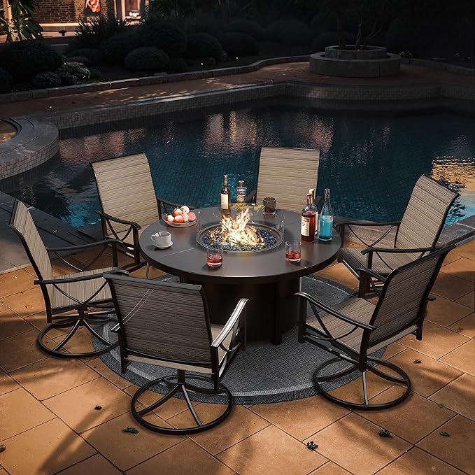 Kurapika 7 Piece Outdoor Conversation Sets, Patio Furniture Set, 6 Textilene Fabric Swivel Chairs and w/48in Propane Round Fire Pit Table for Deck Garden Backyard Porch,Brown