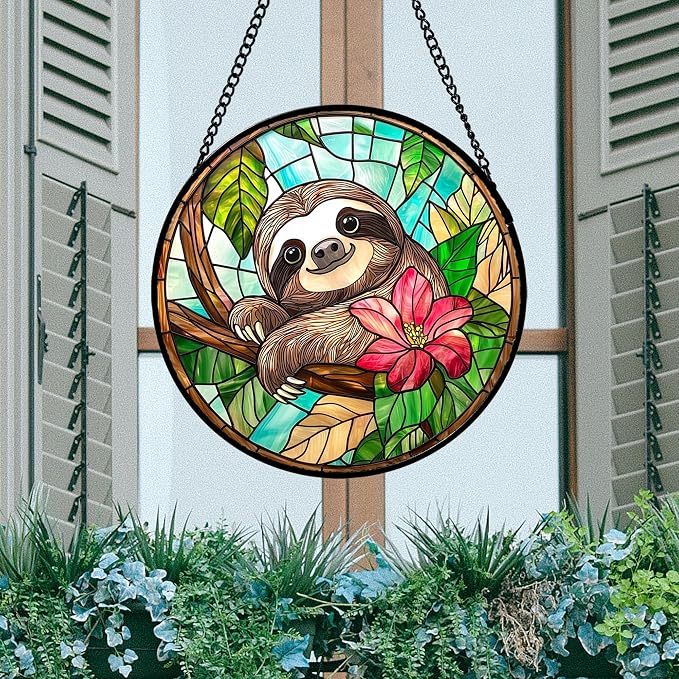 Stained Glass Window Hanging, Cute Sloth Sun Catcher for Door Home Decor Animal Suncatcher Christmas Mother's Day Birthday Gifts for Women Men Mom and Nana 7.8 in