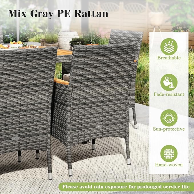 Tangkula 10 Pieces Patio Wicker Dining Set w/Double-Sided Patio Umbrella, Outdoor Acacia Wood Furniture Set w/ 8 Armchairs, Dining Table & 15 ft Umbrella with Weighted Base (Gray)