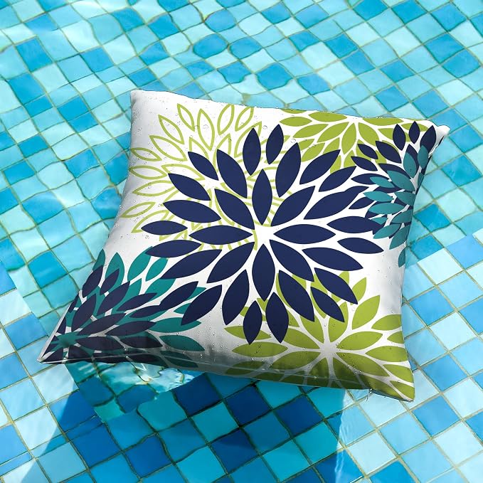DFXSZ Outdoor Waterproof Pillow Covers 16x16 Set of 2 NavyBlue Green Flower | Spring Summer Waterproof Flower Throw Pillowcases（No Inserts）Outdoor Decor for Patio Funiture Garden Polyester Covers