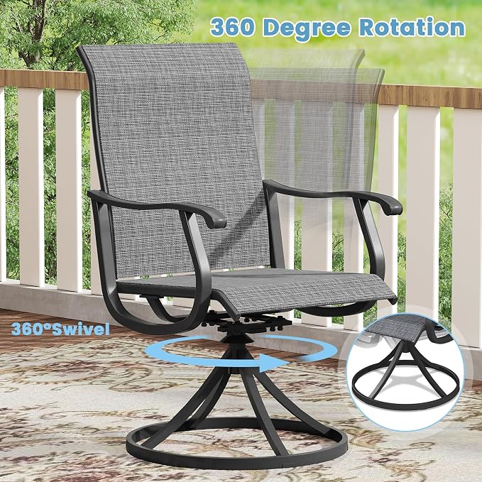 DIFY Patio Table and Chairs Set for 8, 9 Piece Outdoor Dining Set, 59.8" Black Round Metal Dining Table with Umbrella Hole and 8 Dark Grey Textilene Swivel Patio Chairs, for Garden Backyard Deck