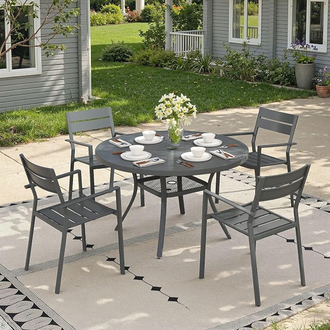 Patio Dining Set for 4, 40.6" Outdoor Dining Table and Chairs Set with Stackable Patio Chairs Outdoor Furniture Outdoor Furniture for Garden Deck Backyard, Dark Grey Table and Grey Chairs