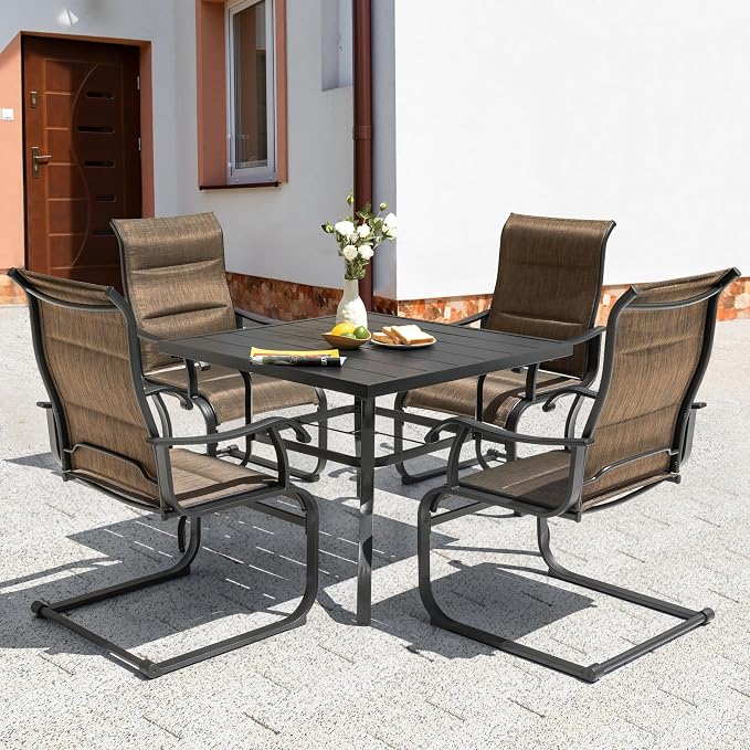NUU GARDEN 5 Piece Outdoor Dining Set, 4 Padded Textilene Patio Chairs and 37 Inch Square Table with Umbrella Hole, Patio Furniture for Backyard Garden, Brown and Black