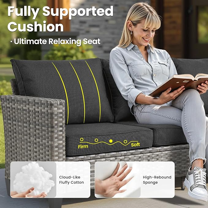ovios Patio Furniture Set, 8 Pieces Outdoor Wicker Sofa Couch with Chairs, Ottomans and Comfy Cushions, All Weather High Back Rattan Conversation Set, Black