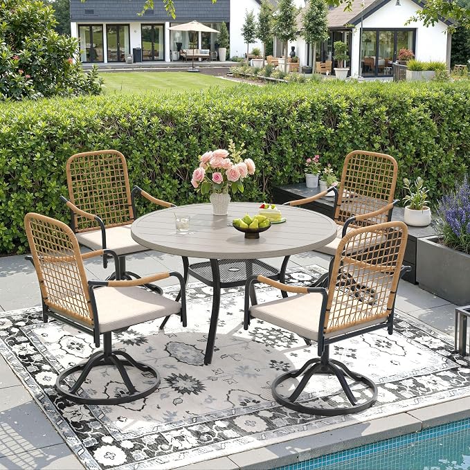 DIFY 5 Pieces Outdoor Dining Set for 4, 40.6" Round Dining Table with Umbrella Hole & Wicker Swivel Patio Chairs with Cushions, Metal Patio Table and Chairs Set for Backyard Porch, Grey Wood-Like