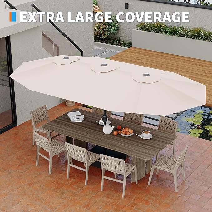 GarveeTech 15FT Double-Sided Rectangular Patio Umbrella with Base – Large Outdoor Market Umbrella for Poolside, Lawn & Backyard, Oversized Shade for 4-6 Person Tables