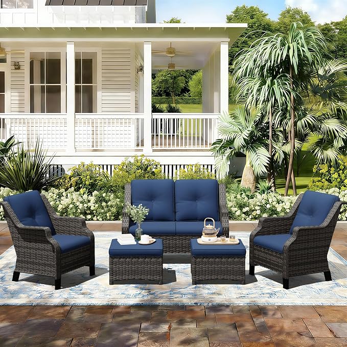 Outdoor Patio Furniture Set, 5 Piece Wicker Patio Furniture with Thick Cushions, Curved Armrest, Deep Seating, Rattan Outdoor Chairs for Porch, Deck, Balcony
