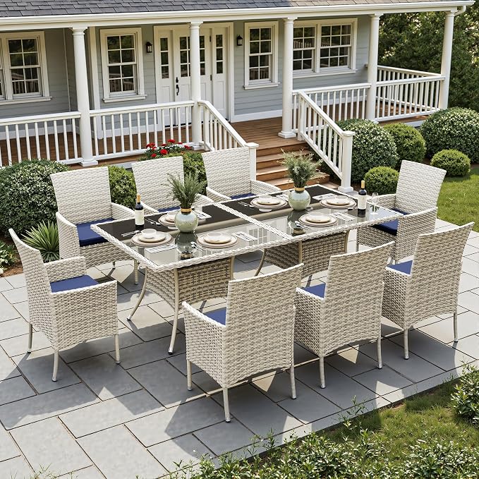 10-Piece Patio Dining Set, Patio Furniture Set with Square Tempered Glass Table & 8 Wicker Chairs, Expandable Design for Larger Groups, Outdoor Furniture for Backyard, Deck, Garden, Navy Blue