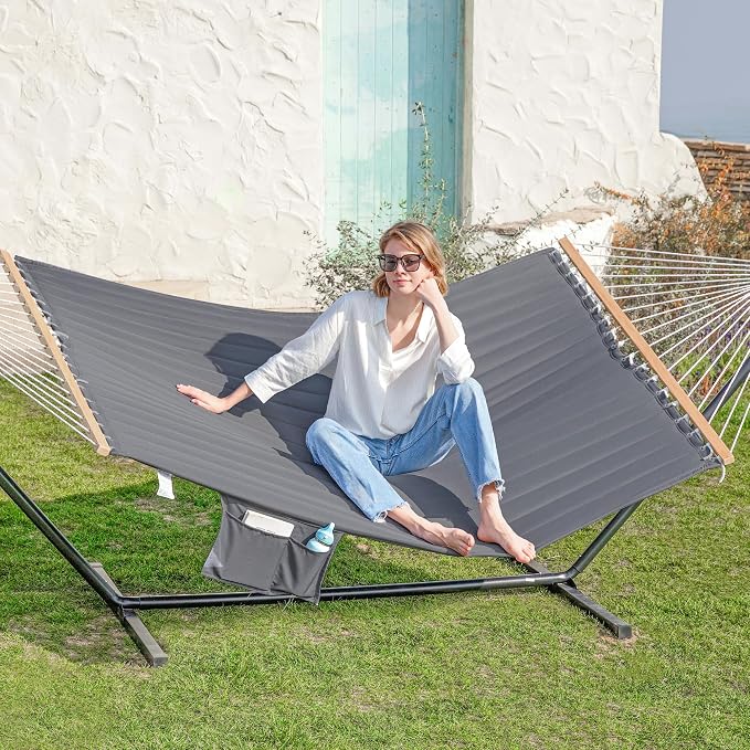 GAFETE Hammock 2 Person Quilted Fabric Hammocks for Outside, Double 12ft Hammocks with Spreader Bar, Large Removable Pillow, Storage Bag, Carabiners, Max 475 lbs Capacity (Dark Grey)
