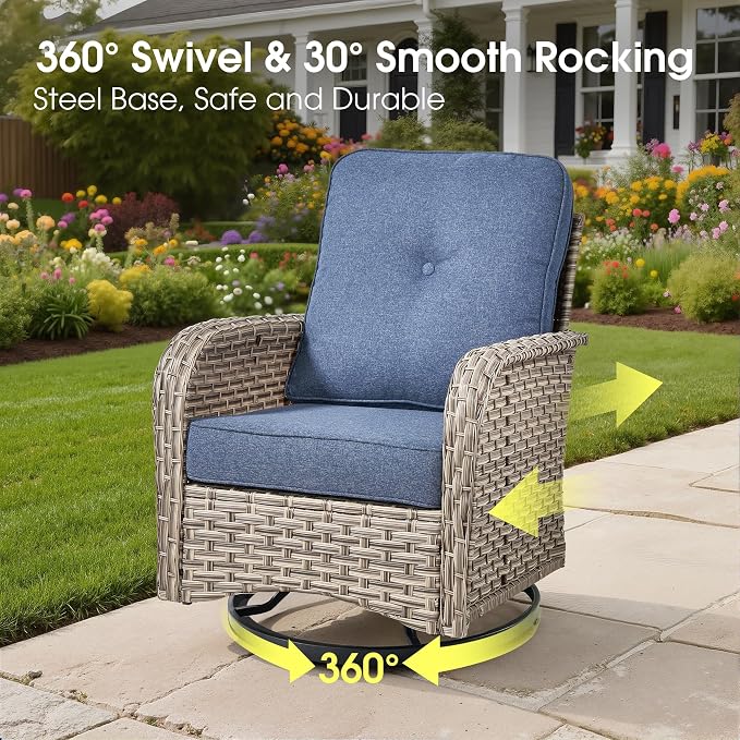 Wicker Patio Furniture Set with Swivel Chairs, 6 Pieces Outdoor Sectional with Glowing Coffee Table, Out Door Furniture Conversation Set, Denim Blue