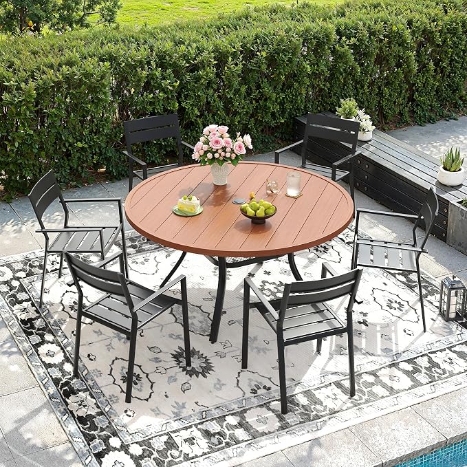 DIFY 7 Piece Outdoor Patio Dining Set for 6, Patio Table and Chairs Set with Umbrella Hole, 47.2" Round Dining Table and Stackable Metal Chairs for Backyard Garden Poolside, Walnut & Black