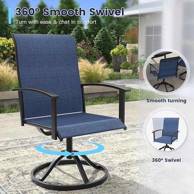 VICLLAX Outdoor Table and Chairs Set for 4, Patio Dining Set of 40.6" Metal Round Patio Table with Umbrella Hole & 4 Swivel Outdoor Dining Chairs for Backyard Lawn, Dark Blue & Black
