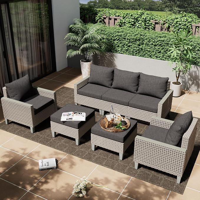 Outdoor Patio Furniture Set 7-Piece Modular Wicker Sectional Sofa with Ottomans and Thick Cushions, Modern Rattan Outdoor Conversation Couch for Garden Backyard, Black