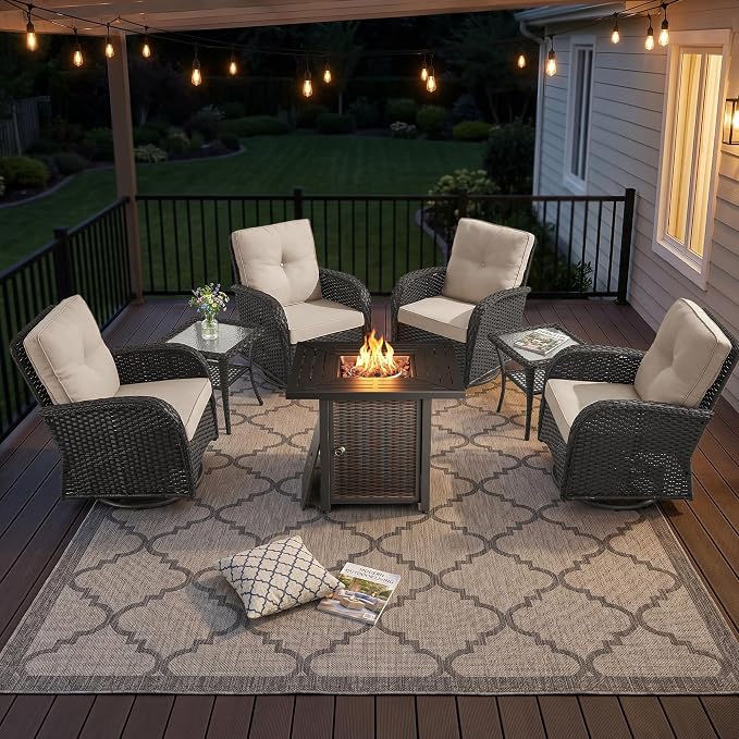 7 Piece Patio Furniture Set with Fire Pit Table - Wicker Patio Conversation Set with 4 Swivel Glider Chairs and 2 Tempered Glass Side Tables for Deck Backyard - Black Wicker Beige Cushion