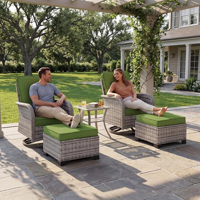Outdoor Patio Furniture Set Patio Rocking Swivel Chair with Tempered Glass Side Table, Outdoor Wicker Rattan Bistro Set with Ottomans for Garden, Deck, and Balcony, Avocado Green