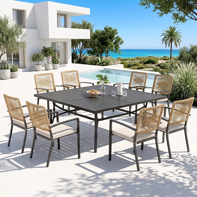 PHI VILLA 9pc Patio Dining Set, 57" Square Table, Wicker Chairs | Outdoor Dining Set for 8, Square Patio Dining Table Set with Patio Wicker Chairs for Garden, Porch, Backyard, Deck