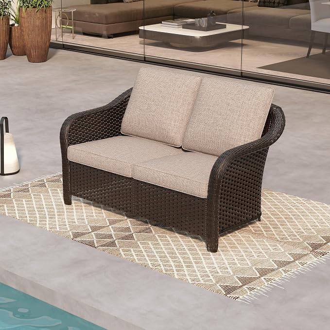 55" Outdoor Loveseat Wicker 2-seat Sofa with Removable Cushions, Conversation Patio Furniture, PE Rattan Couch, Steel Frame Couch with Cushions for Backyard, Deck (Beige)