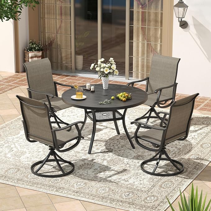 VICLLAX Patio 5 Pieces Outdoor Dining Set, 40.6" Round Metal Table with Umbrella Hole and 4 Swivel Textilene Chairs for Lawn, Garden, Porch, Black/Brown