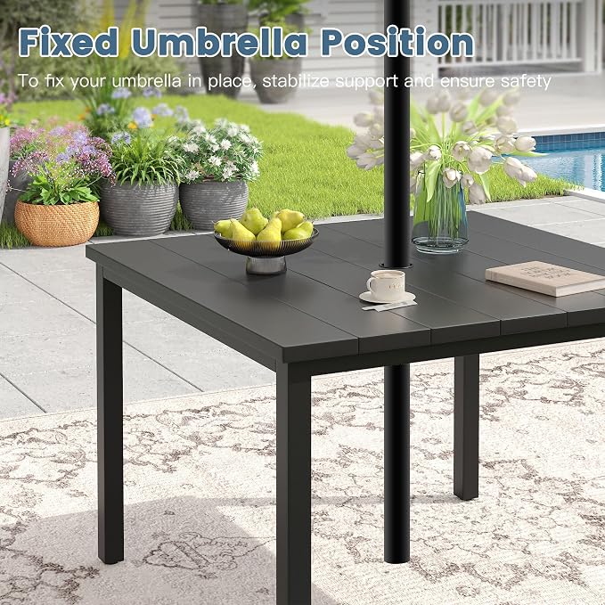 DIFY 5 Pieces Outdoor Patio Dining Set for 4, 40.2" Black Square Metal Dining Table and 4 Brown Stackable Textilene Patio Chairs, Outdoor Table and Chairs for Backyard Garden Poolside