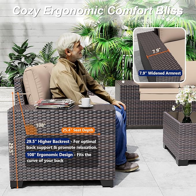 Outdoor Patio Furniture Set with Gas Fire Pit Table, 7 Pieces Patio Furniture Set Outdoor Sectional Sofa w/43in Propane Fire Pit, PE Wicker Rattan Patio Conversation Sets - Sand.