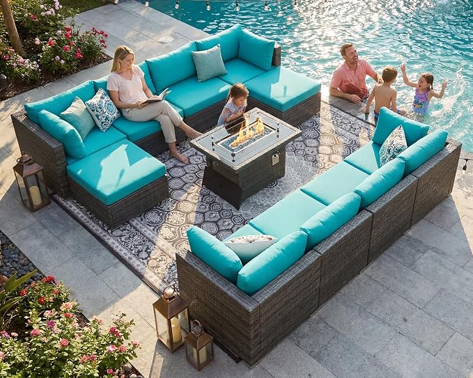NICESOUL 13 Piece Patio Furniture w/Fireplace, Elegant Outdoor Seating w/Firepit, XL Size 29.3'' High Back Sectional Sofa, All-Weather Rattan Deck Couch, Modular Sturdy Conversation Set, Gray & Teal