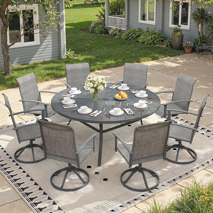 9 Pieces Round Outdoor Table and Chairs Set, Patio Dining Set with 60" Round Spliced Outdoor Table and Patio Swivel Chairs for Backyard Lawn Garden, Dark Grey Table and Grey Chairs