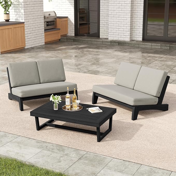 3 Pieces Patio Furniture Sets, All-Weather Outdoor Wood Bistro Set Patio Conversation Coffee Table Chiars and Patio Loveseat for Balcony, Backyard