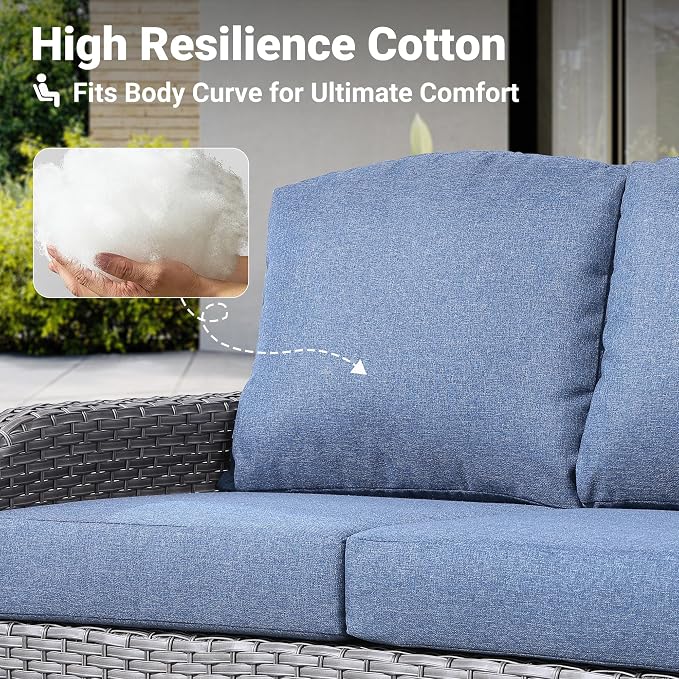 ovios 4-Piece Patio Furniture Set, Outdoor Wicker Sofa with Chairs Coffee Table, High Back Rattan Couch Loveseat with Comfy Cushions for Porch Yard Deck, Denim Blue