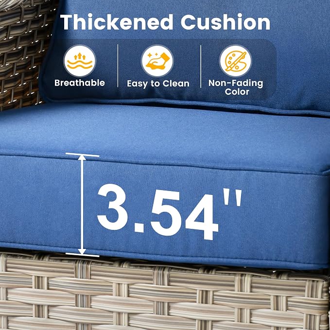 8 Pieces Patio Sectional Furniture Set, Outdoor Wicker Sectional Couch with Firepit Solar Lights Table, Modern Conversation Set for Porch Balcony Backyard, Navy Blue