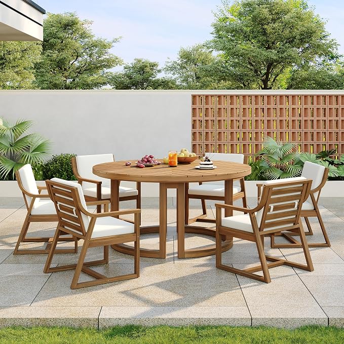 7-Piece Outdoor Patio Dining Set, All-Weather Acacia Wood 59'' Round Dining Table with 1.96" Umbrella Hole and 6 Arm Chairs for Backyard, Balcony, Garden, Poolside (Light Teak-2.14)