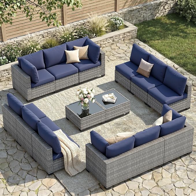 FHFO 14 Piece Outdoor Wicker Patio Furniture Set, Grey/Blue | Sectional Sofa | All-Weather Hand-Woven Rattan | Tempered Glass Coffee Table | Free Combination | Indoor & Outdoor Use