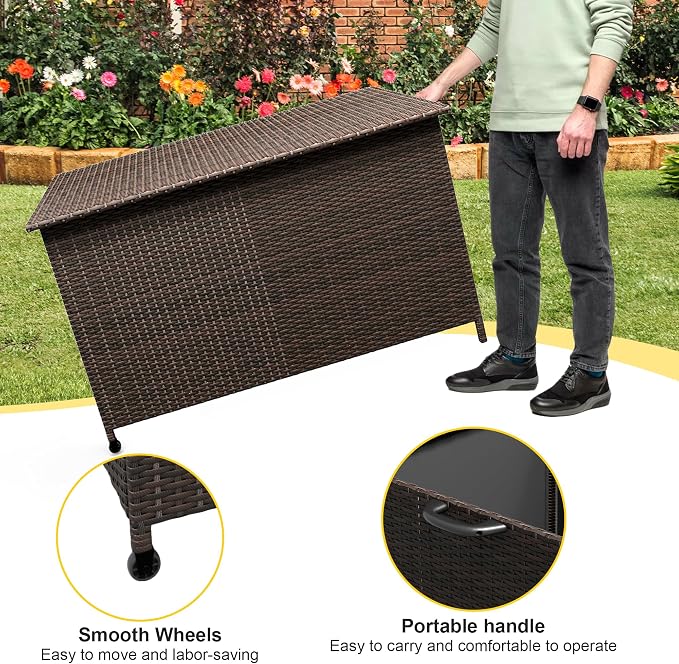 185 Gallon Outdoor Storage Box with Wheels - Large Wicker Rattan Deck Box for Patio Cushions, Garden Tools, Pool Floats & Pillows, All-Weather Patio Furniture Storage, Brown
