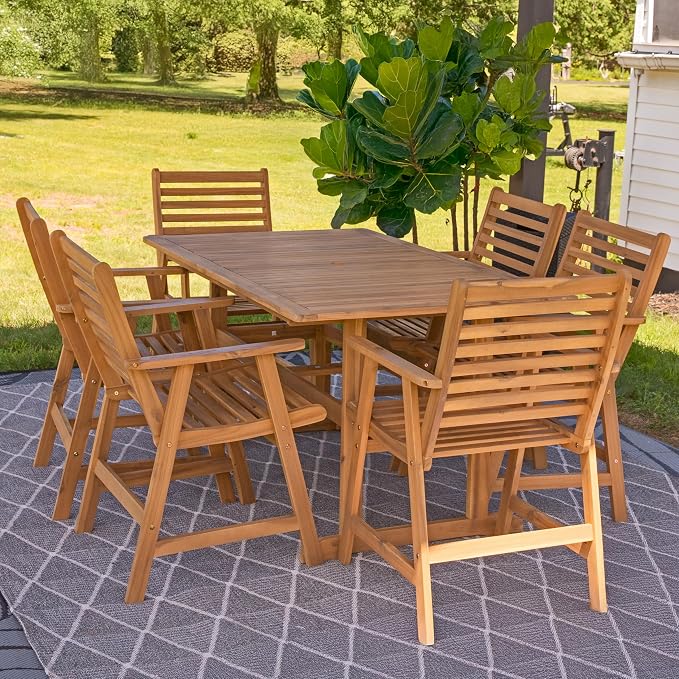 Sunnydaze 7-Piece Patio Dining Set for 6 - Hatteras Acacia Wood Outdoor Dining Set with Umbrella Hole - Outdoor Table and Chairs for 6