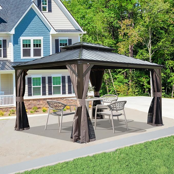 Domi 10' X 13' Hardtop Gazebo, Upgraded Metal Gazebo with Drainage System, Dual-Layer Galvanized Steel Roof, Curtain and Netting, Outdoor Shelter Canopy for Patio, Garden, and Backyard, Brown