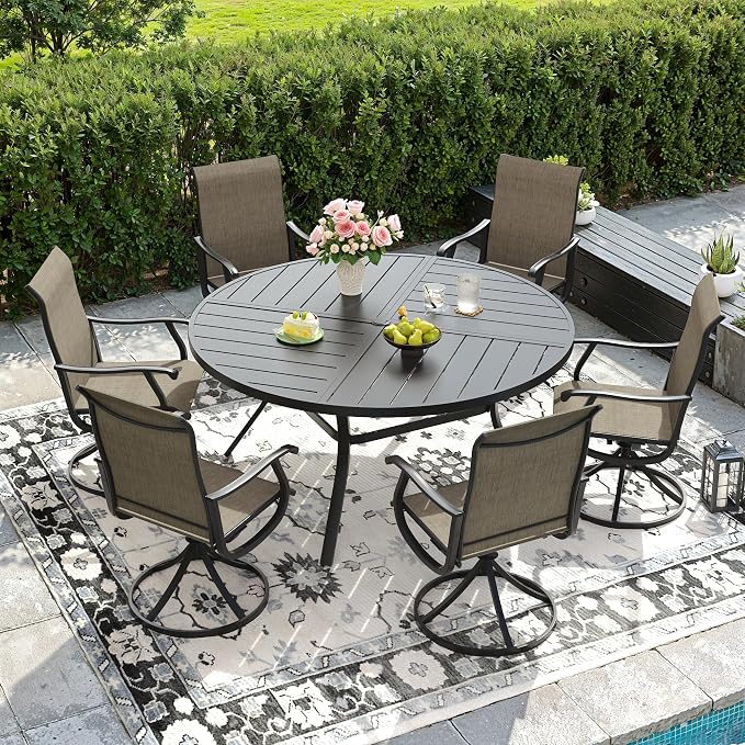 DIFY Patio Table and Chairs Set for 6, 7 Piece Outdoor Dining Set Includes 50" Black Round Metal Dining Table with Umbrella Hole and 6 Brown Textilene Swivel Patio Chairs, for Garden Backyard Deck