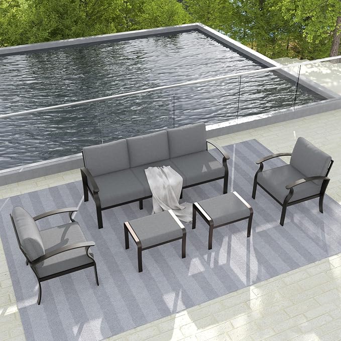 Gotland Aluminum Patio Furniture Set, Metal Outdoor Furniture with 2 Ottomans 5.1’’ High-Resilience Seat Cushions, 5 Piece Patio Set, Oversized Outdoor Sectional Patio Conversation Sets, Gray