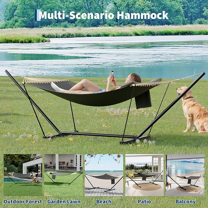 GarveeLife Outdoor Double Hammock with Heavy Duty Adjustable Steel Stand, Portable 2 Person Hammock for Patio Garden Beach Backyard