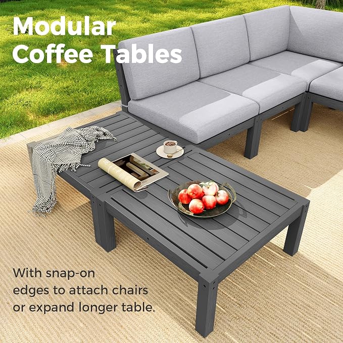 Modular Outdoor Patio Conversation Set, 6-Piece L-Shaped Sectional Sofa Set with Coffee Tables & Thick Cushions, Easy Side Interlock, HIPS All-Weather Patio Furniture Set for Backyard, Deck, Poolside